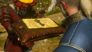 A white-haired witcher, Geralt of Riva, looks down at a cushion with a deed and key on it to Corvo Bianco vineyard in The Witcher 3