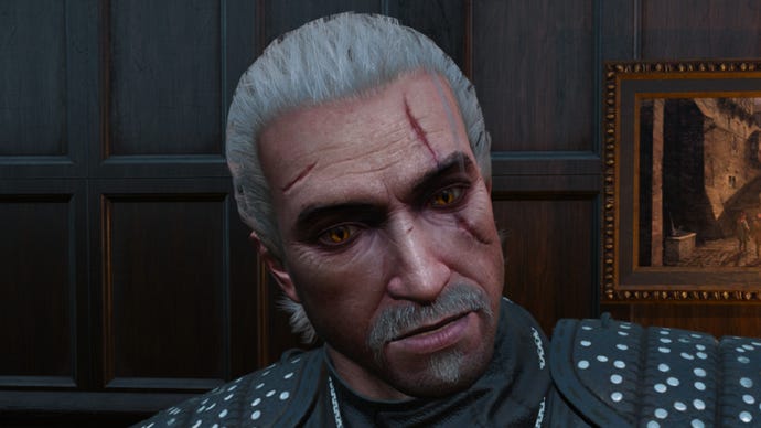 Witcher 3 screenshot showing Geralt’s Elven rebel haircut from the front.