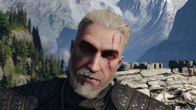 Witcher 3 screenshot showing Geralt’s shaved with ponytail haircut from the front.