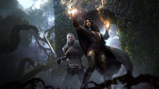 Witcher 3 official art of Jennifer casting a spell while Gerald stands behind her with a sword in hand
