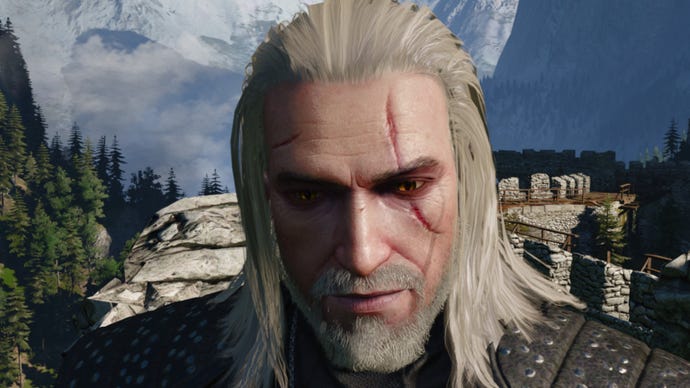 Witcher 3 screenshot showing Geralt’s long and loose haircut from the front.