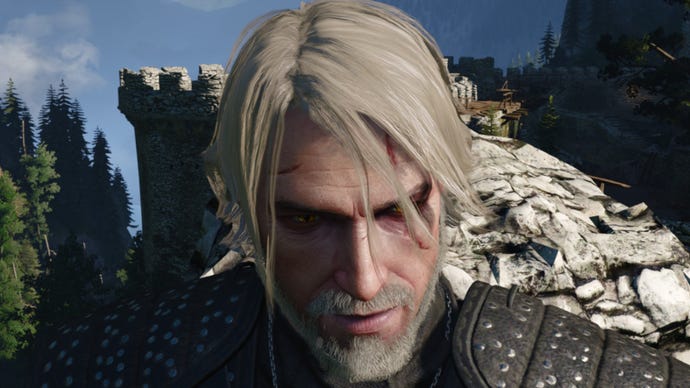Witcher 3 screenshot showing Geralt’s short and loose hairstyle from the front.