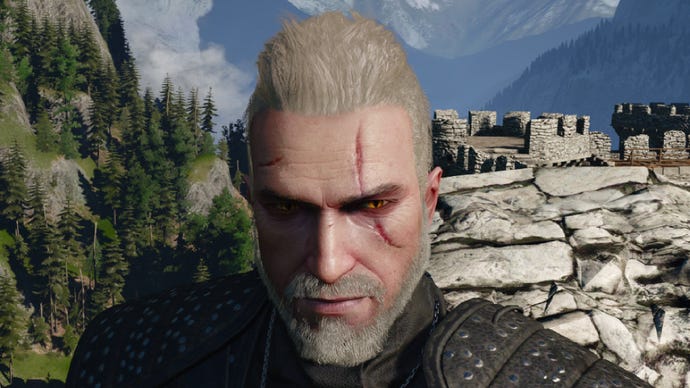 Witcher 3 screenshot showing Geralt’s mohawk and ponytail haircut from the front.