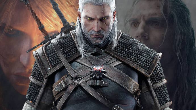 Geralt in The Witcher 3 in front of Ciri in The Witcher 4 and Henry Cavill as Geralt in The Witcher Netflix series.