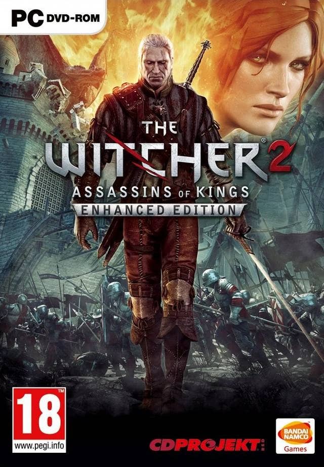 Arte da Witcher 2 Box mostrando um homem de cabelos brancos em armadura de couro caminhando em direção à câmera, enquanto uma batalha se enfurece. Ele tem sua espada desenhada. É Geralt de Rivia e ele não parece satisfeito.