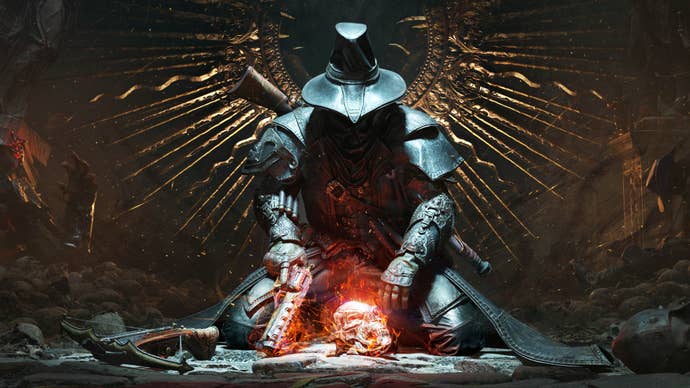 A character, sullen, head down, sits over a flaming skull. It has a gun in one hand and looks rather like a Witchfinder from the darker parts of US history.