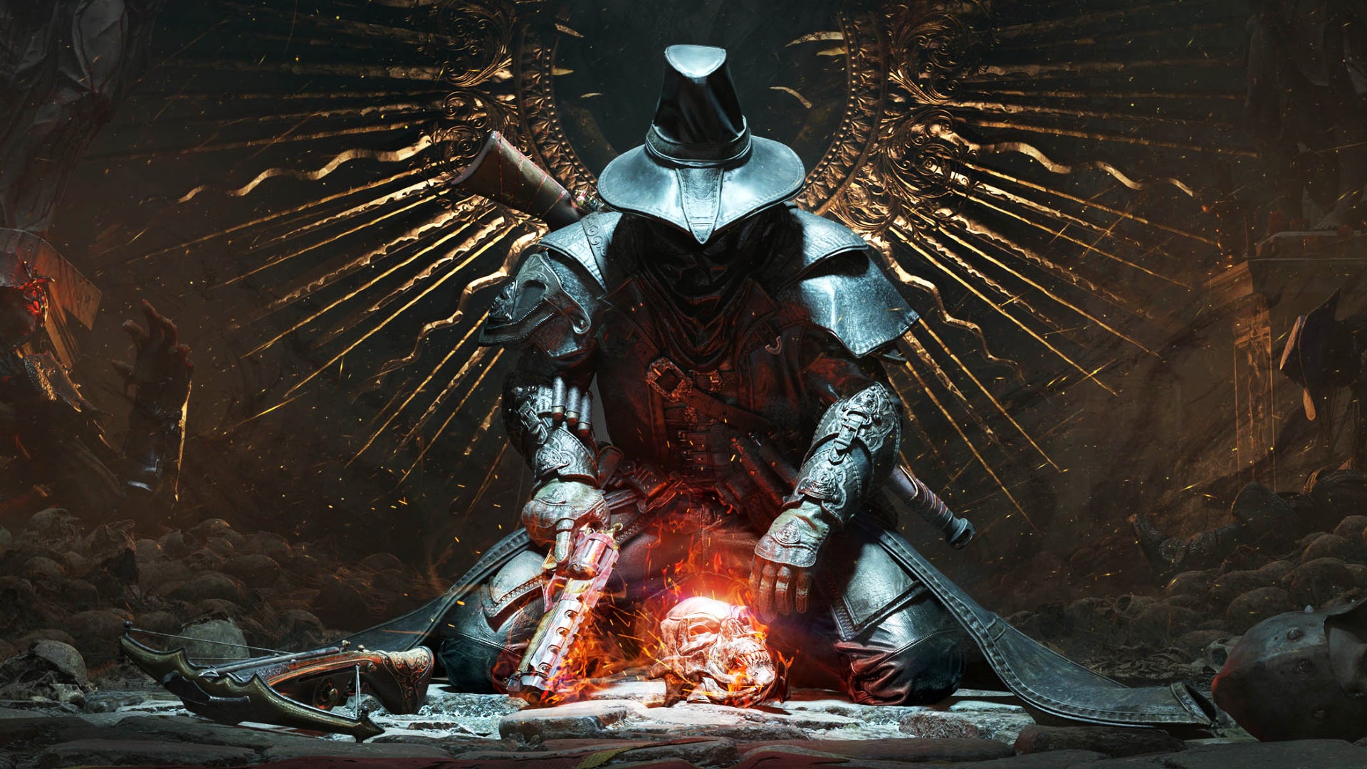 A character, sullen, head down, sits over a flaming skull. It has a gun in one hand and looks rather like a Witchfinder from the darker parts of US history. - 1