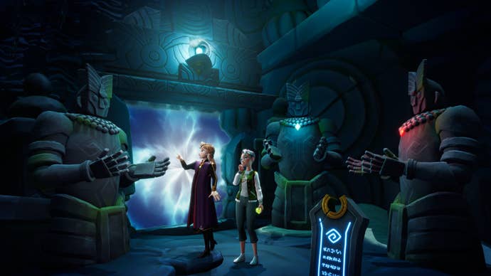 Disney Dreamlight Valley image showing a player with Anna examining a large stone statue in a cave.