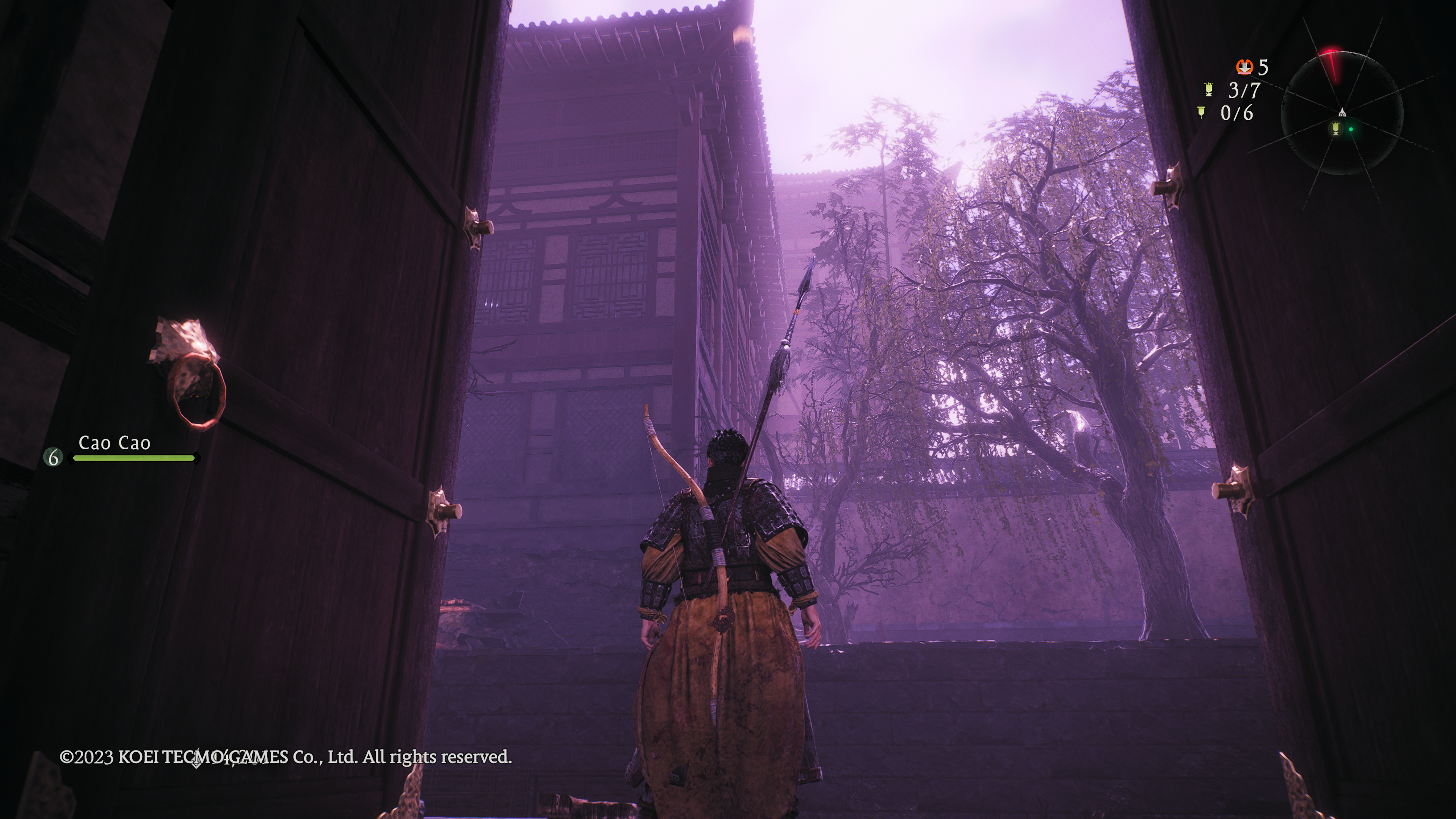 Wo Long Fallen Dynasty - looking up towards a purple-hued series of buildings