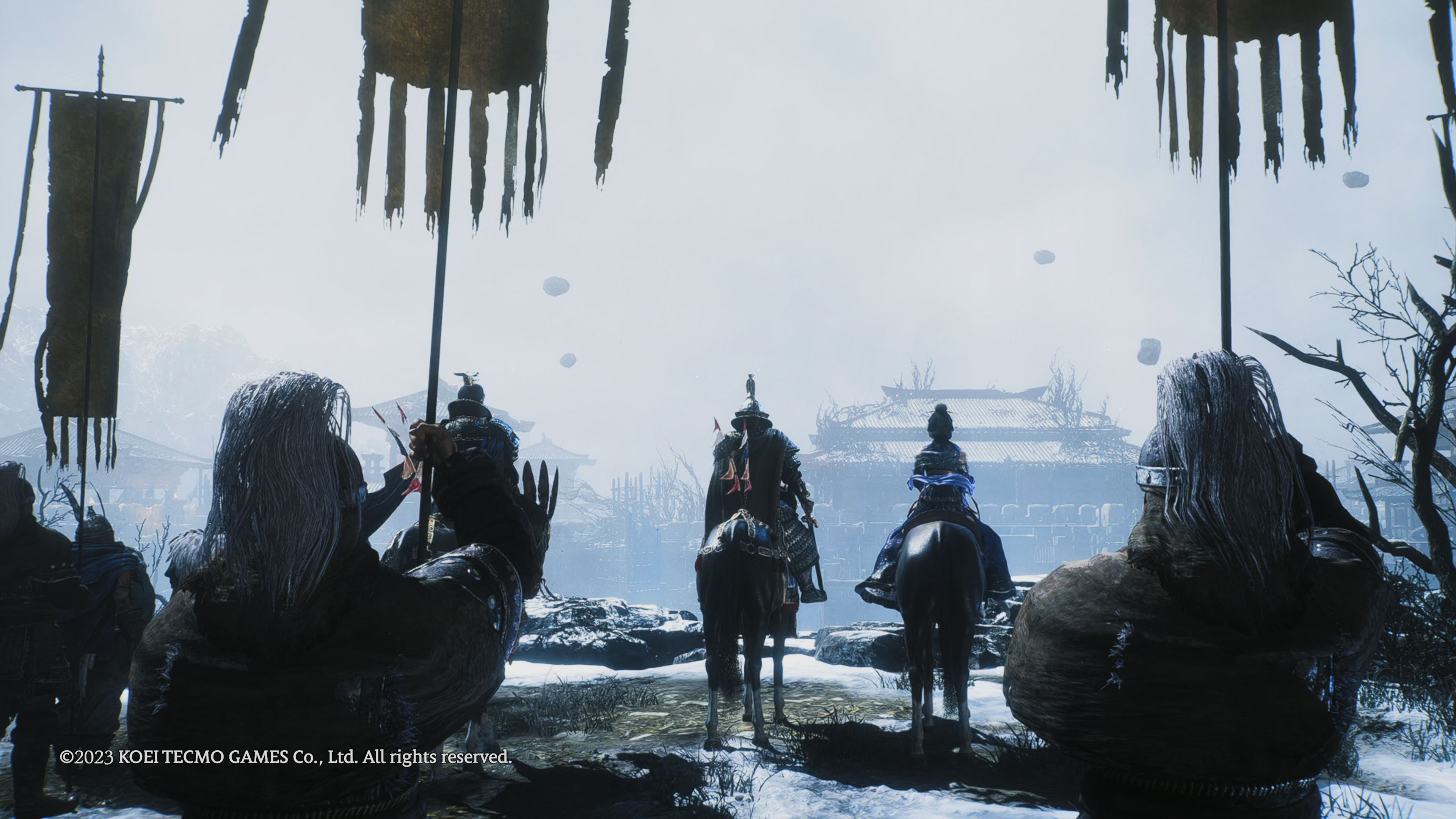 Wo Long Fallen Dynasty - riding on horseback with a companion towards a distant fortress