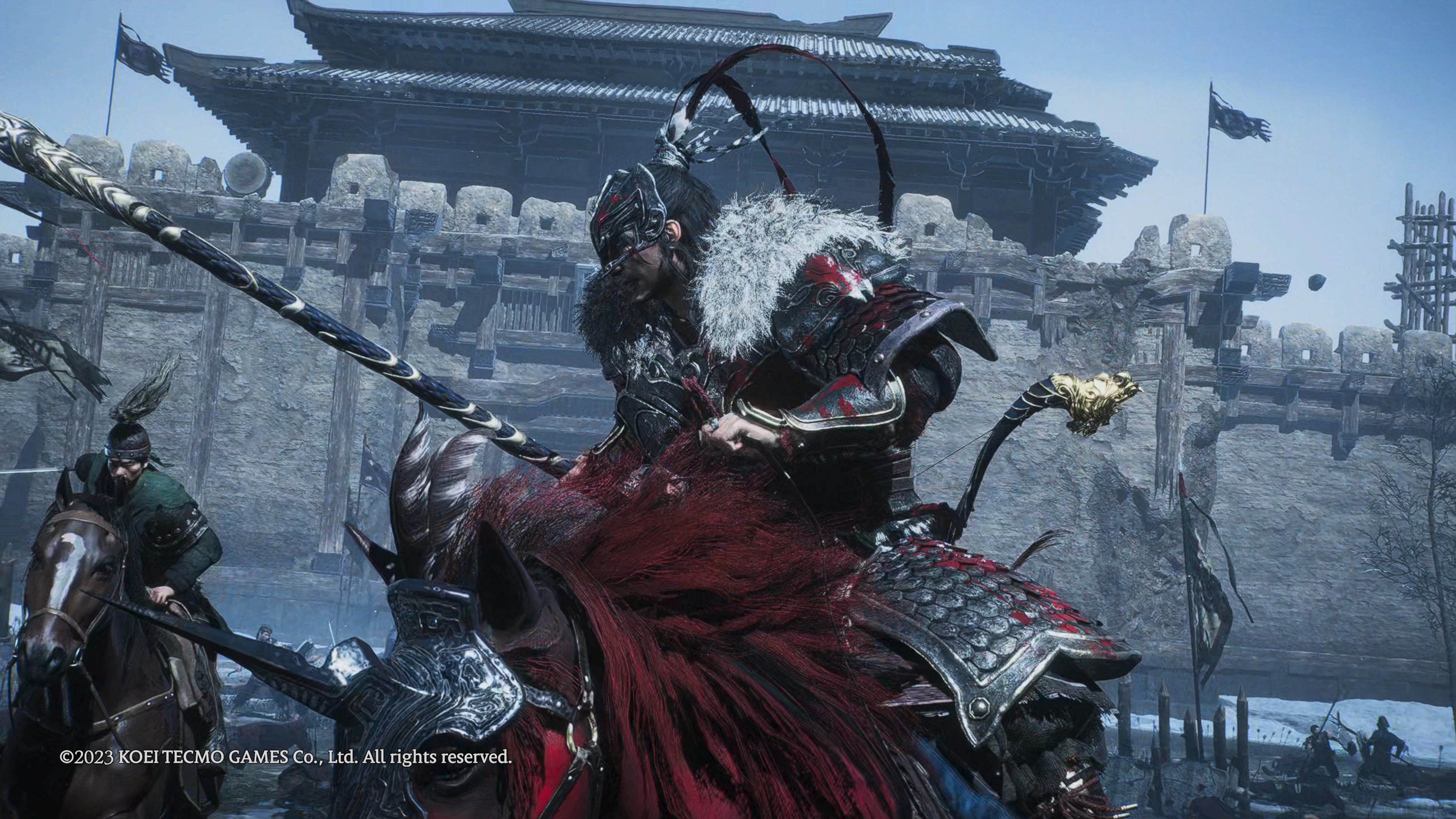 Wo Long Fallen Dynasty - closeup of riding on horseback with a big spear or lance