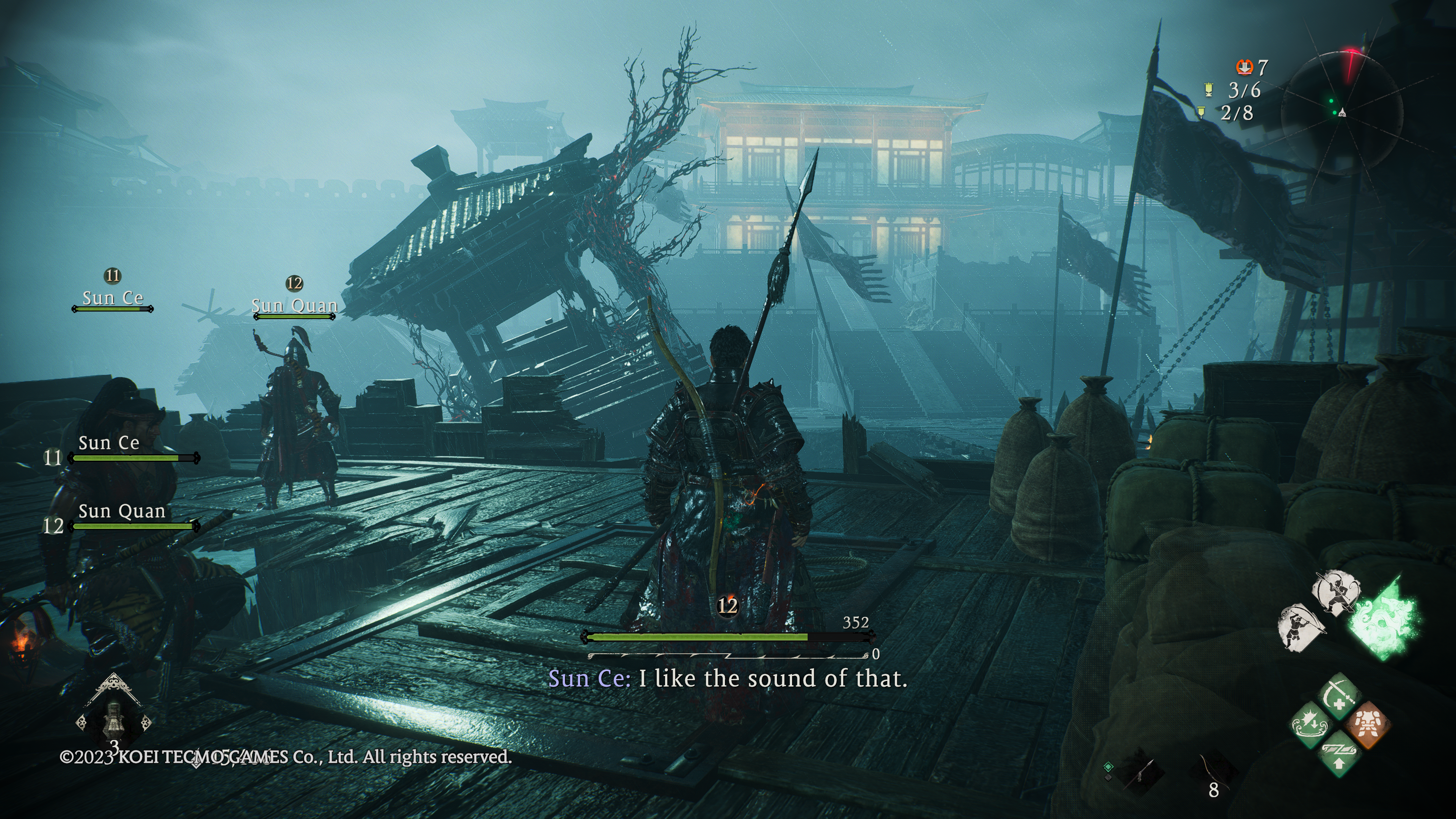 Wo Long Fallen Dynasty - talking with allies while looking towards a fortress in a rainy night