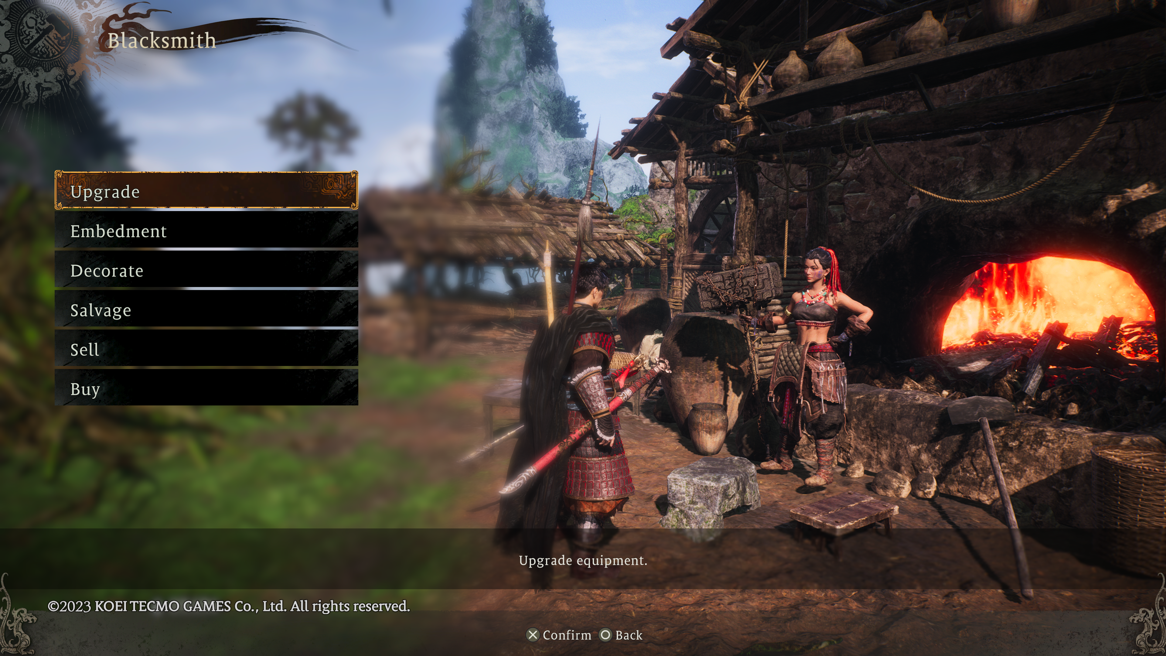 Wo Long Fallen Dynasty - the menu at the blacksmith, in front of a woman standing by the fire