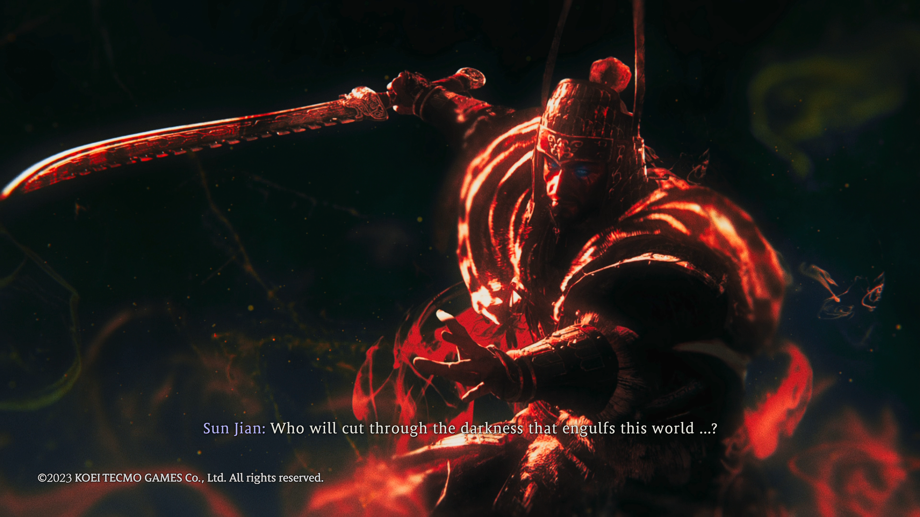 Wo Long Fallen Dynasty - an enemy prepares to attack you, lit in deep red