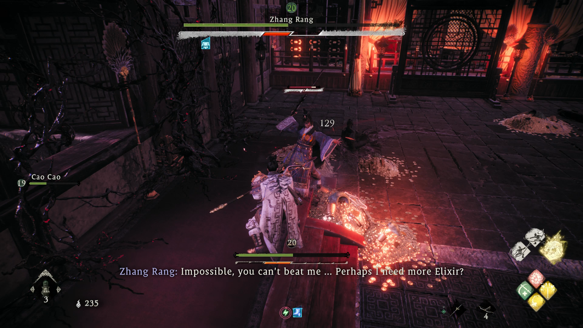 The player scoring a critical hit on Zhang Rang in Wo Long