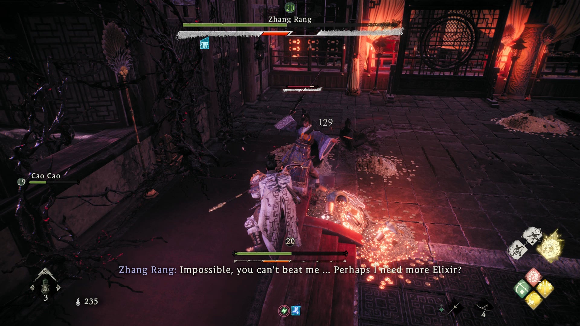 The player scoring a critical hit on Zhang Rang in Wo Long - 4