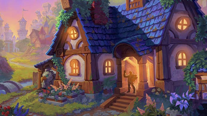 Artwork for World of Warcraft housing system with figure waving in a house doorway