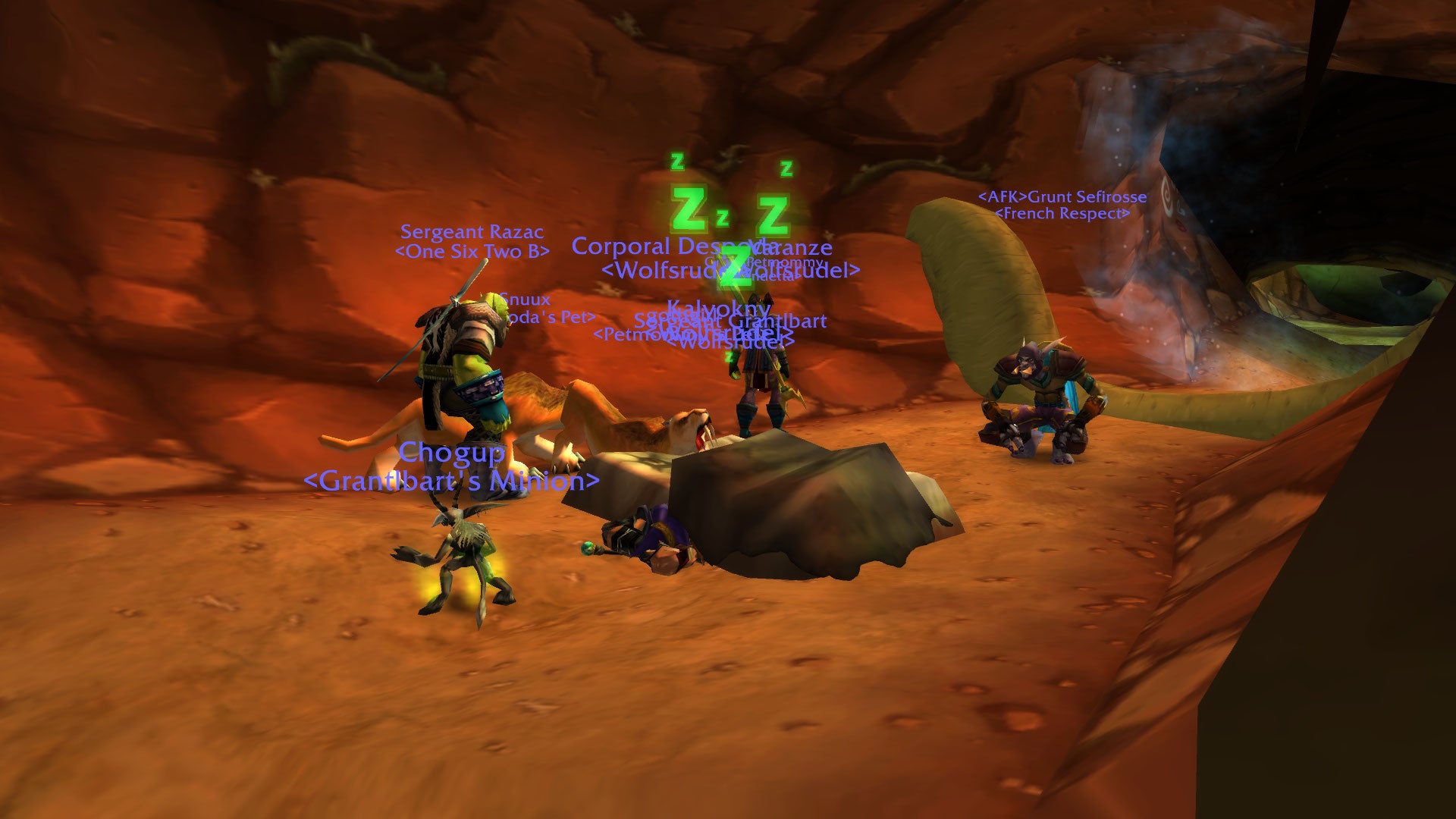 World of Warcraft sleeping bag group. five players sharing the same sleeping bag.
