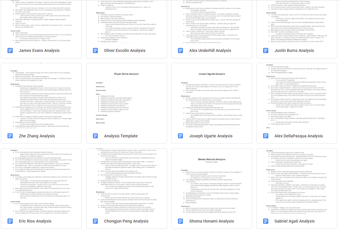 Wolfe Glick&rsquo;s notes - a screenshot of twelve documents in his Player Analysis folder, one for each opponent
