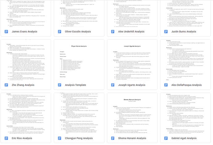 Wolfe Glick's notes - a screenshot of twelve documents in his Player Analysis folder, one for each opponent