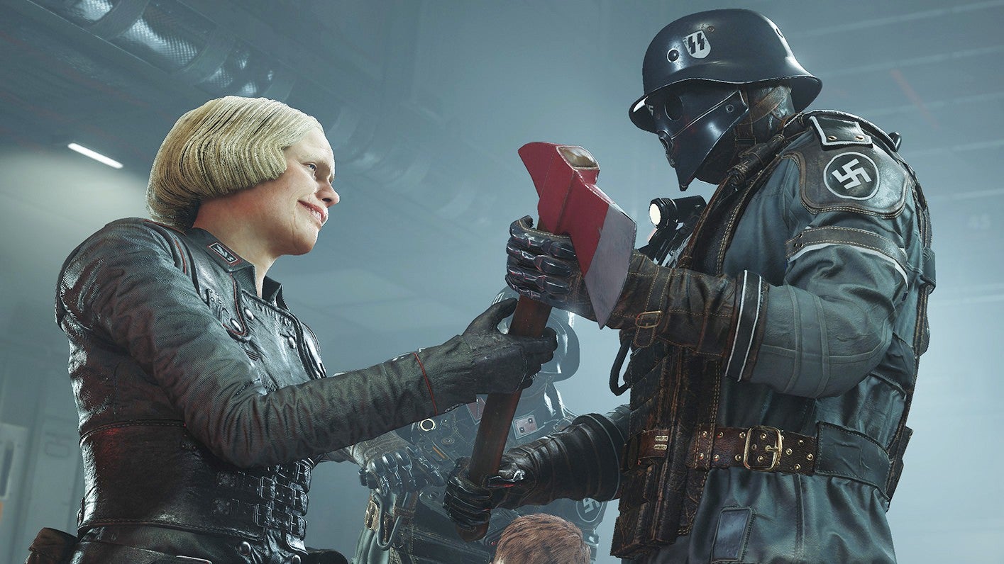 Wolfenstein 2 The New Colossus screenshot featuring a character handing an axe to a Nazi