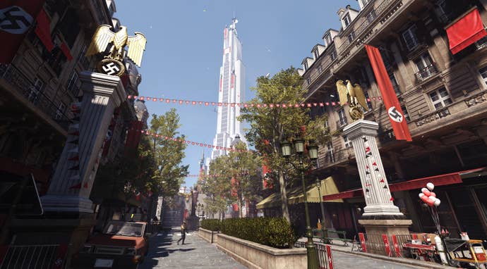 An alternate universe street in nazi Paris in Wolfenstein Youngblood