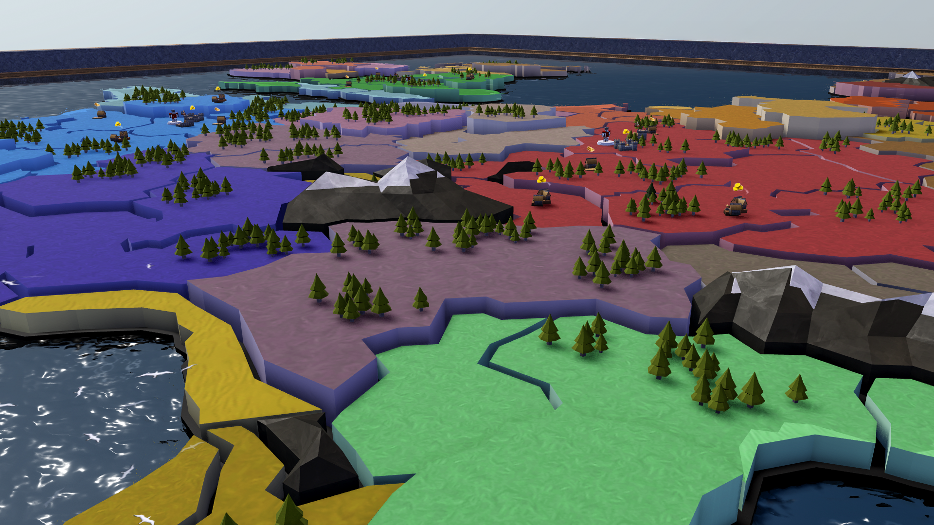 A world map with coloured countries and little models for trees and mountains, from a Roblox adaptation of Crusader Kings 3.