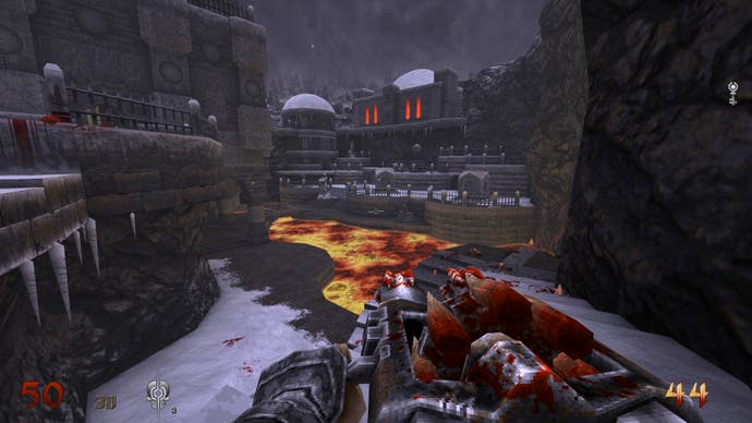 A screenshot of Wrath: Aeon of Ruin, showing the player standing over a river of lava, with a snowy graveyard in the distance.