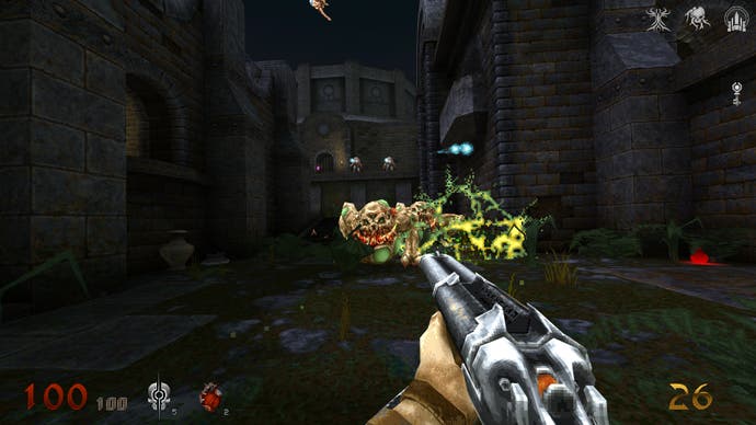 A screenshot of Wrath: Aeon of Ruin, depicting the player fighting giant toad-like monsters in a garden grove surrounded by large stone walls.