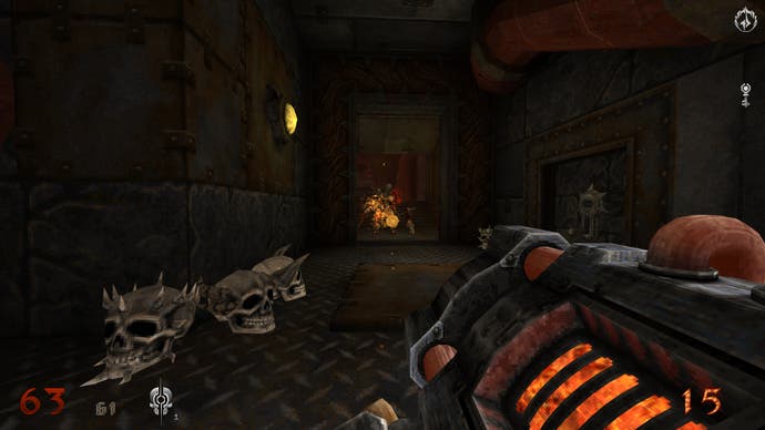 A screenshot of Wrath: Aeon of Ruin, depicting the player firing glowing orange projectiles at a masked executioner enemy down a gunmetal corridor.