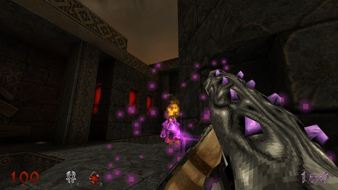 A  screenshot of Wrath: Aeon of Ruin, depicting the player shooting an enemy with a laser weapon that turns its victims into purple crystals.