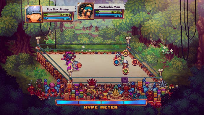WrestleQuest screen showing a pixel art jungle with wrestling ring in the centre, brightly-coloured sprites, and a busy UI along the bottom with bright blue Hype Meter