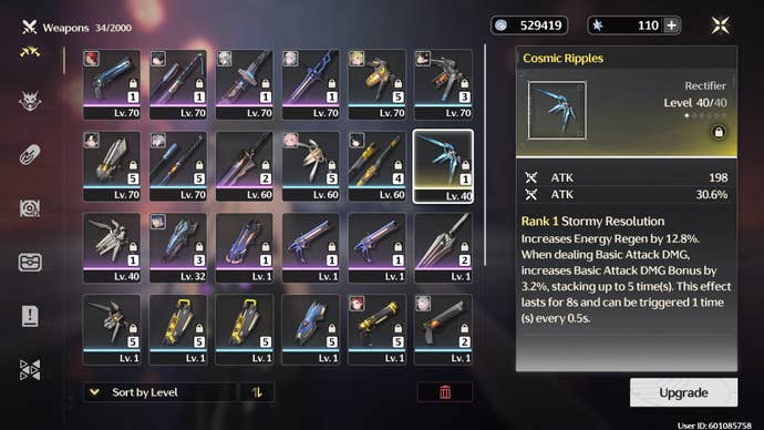 The five-star Cosmic Ripples weapon is shown in the player’s backpack in Wuthering Waves
