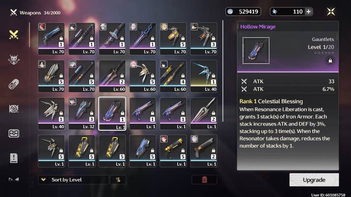 The four-star Hollow Mirage weapon is shown in the player’s backpack in Wuthering Waves