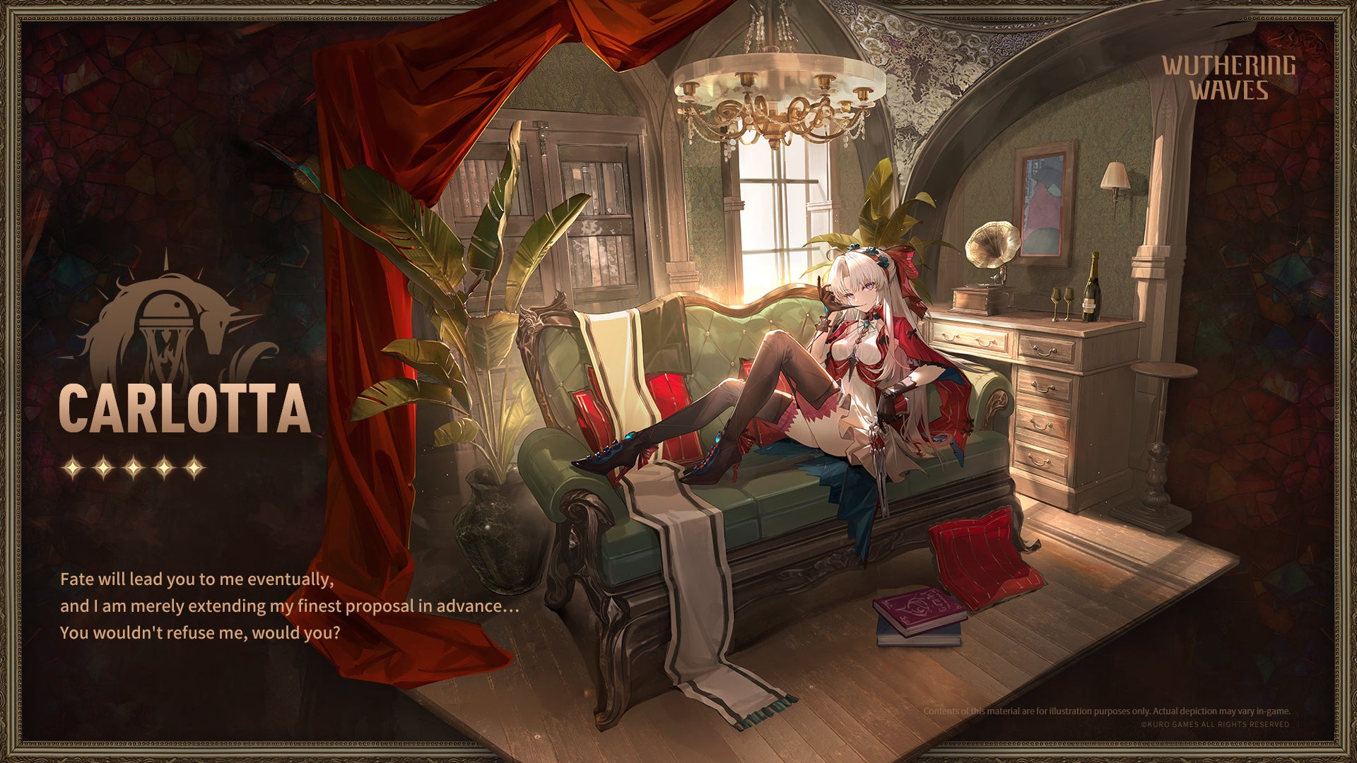 Promotional artwork for Wuthering Waves' five-star Resonator, Carlotta, is shown