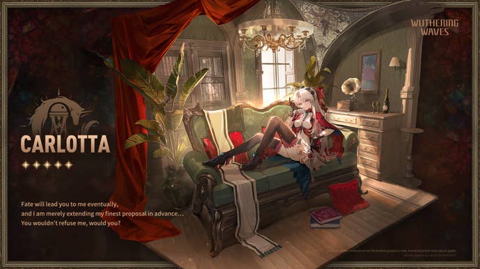 Promotional artwork for Wuthering Waves' five-star Resonator, Carlotta, is shown
