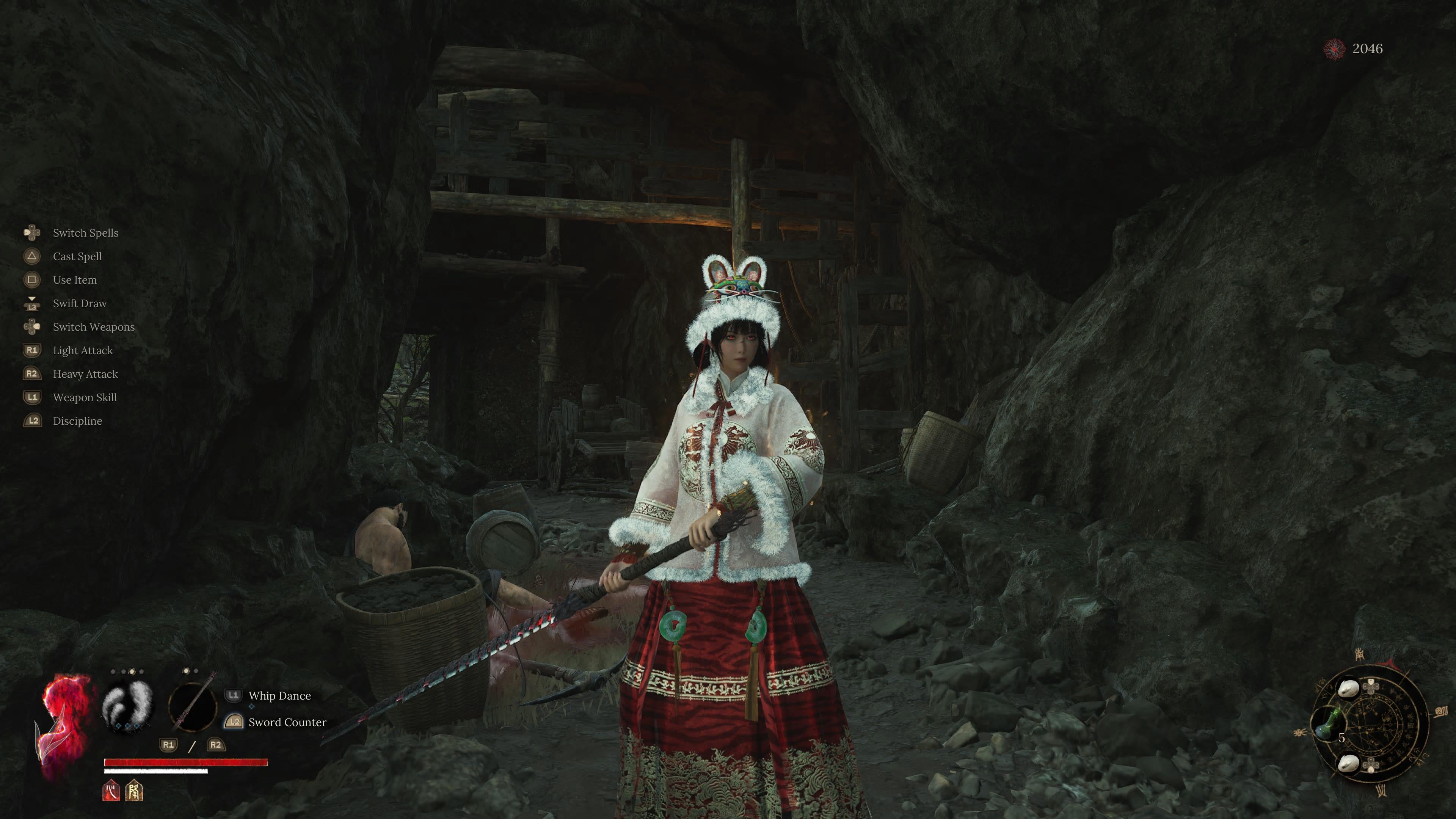 In a screenshot from Wuchang Fallen Feathers, Wuchang wears a traditional Chinese dress in a dark cave.