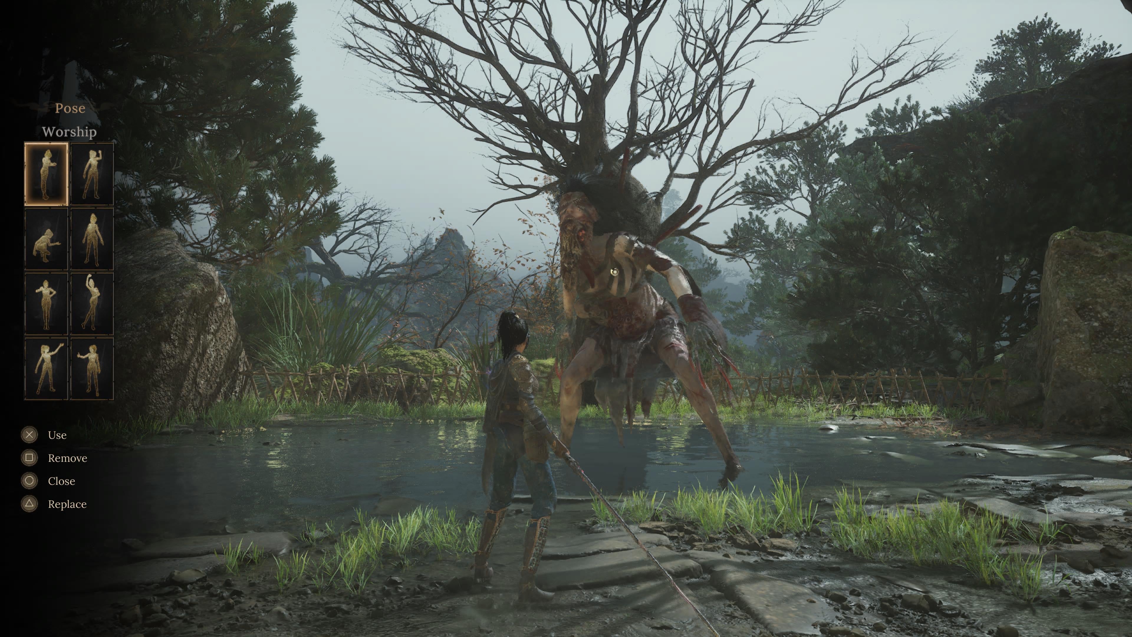 In a screenshot from Wuchang Fallen Feathers, a &lsquo;Pose&rsquo; menu sits at the left of the screen while a warrior faces down a mutated monster in the centre.