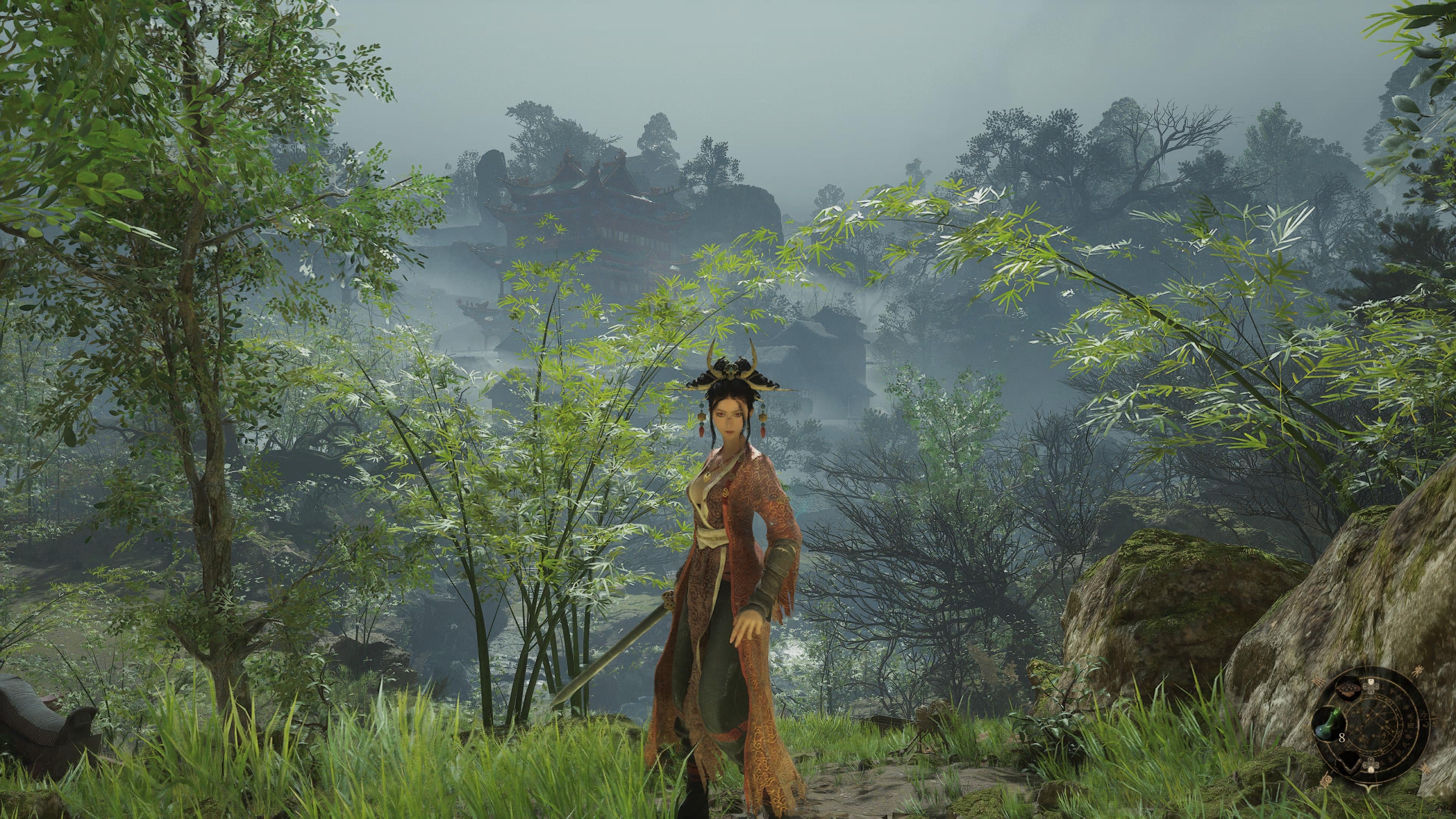 In a screenshot from Wuchang Fallen Feathers, a warrior in a red dress faces the camera while a vista of a bamboo forest sits behind her.