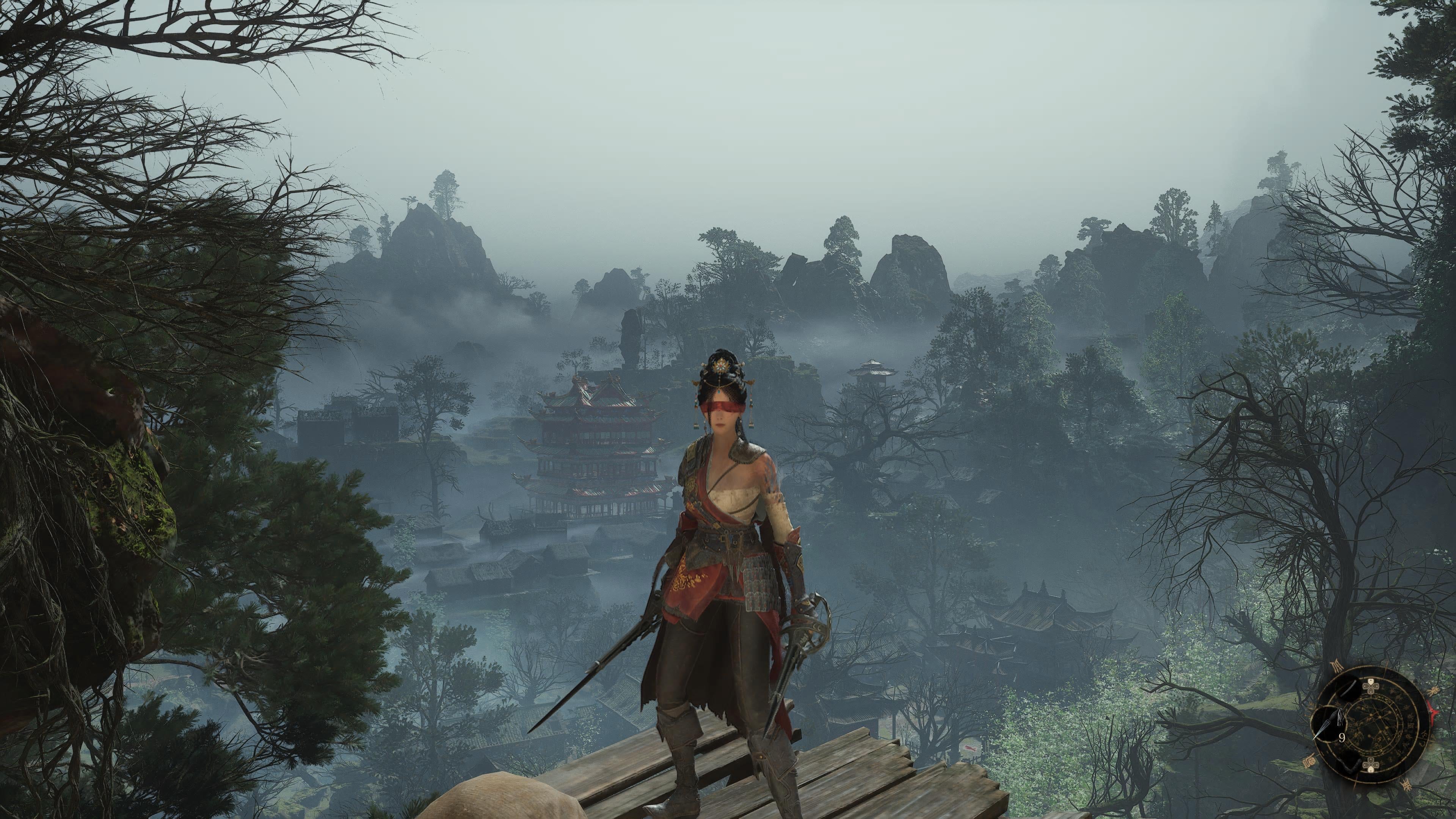 In a screenshot from Wuchang Fallen Feathers, a warrior holding dual blades stands before a ledge looking down on a bunch of temples.