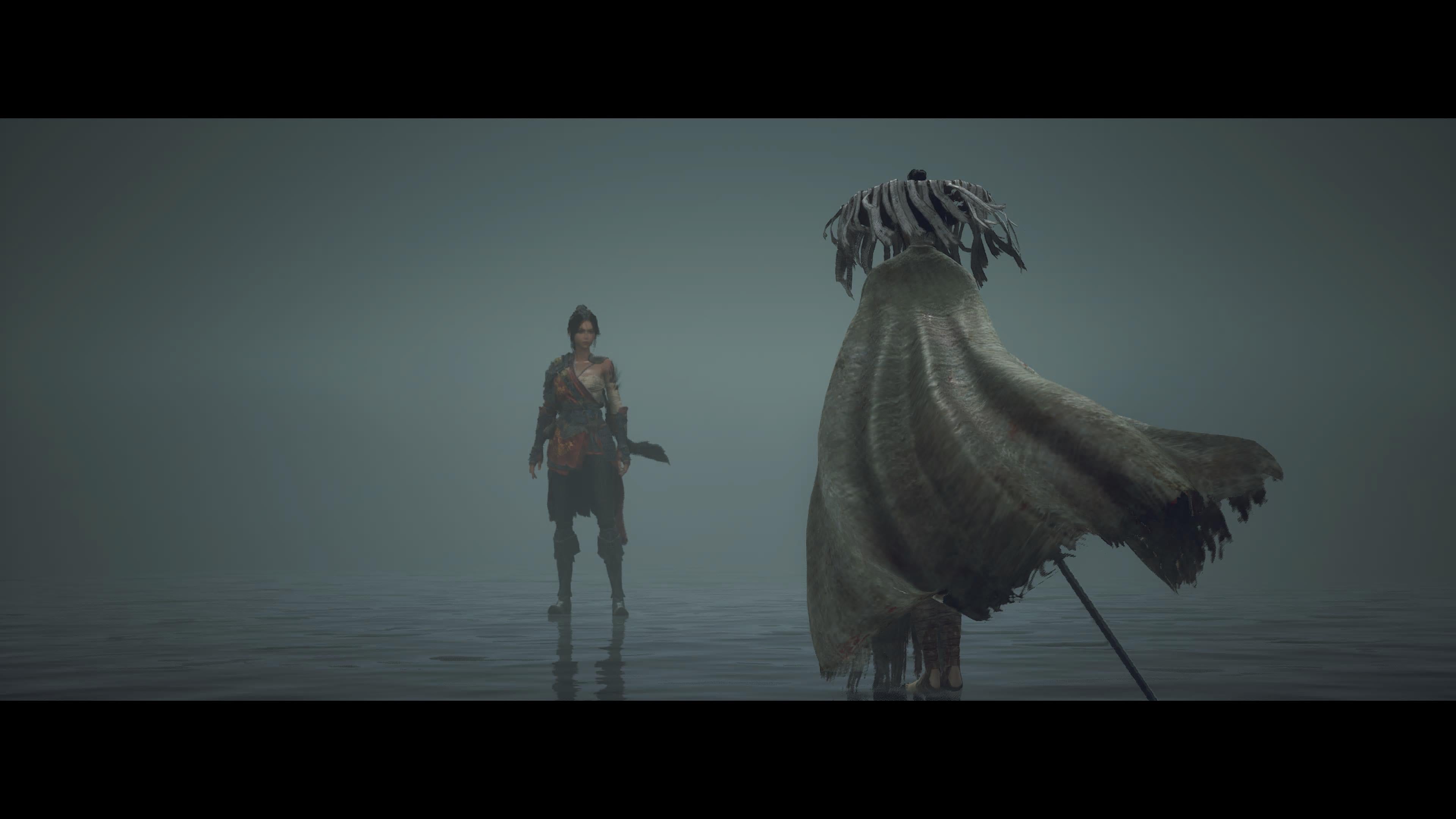 In a screenshot from Wuchang Fallen Feathers, Wuchang faces her inner demon dressed in all white in a misty dream realm.