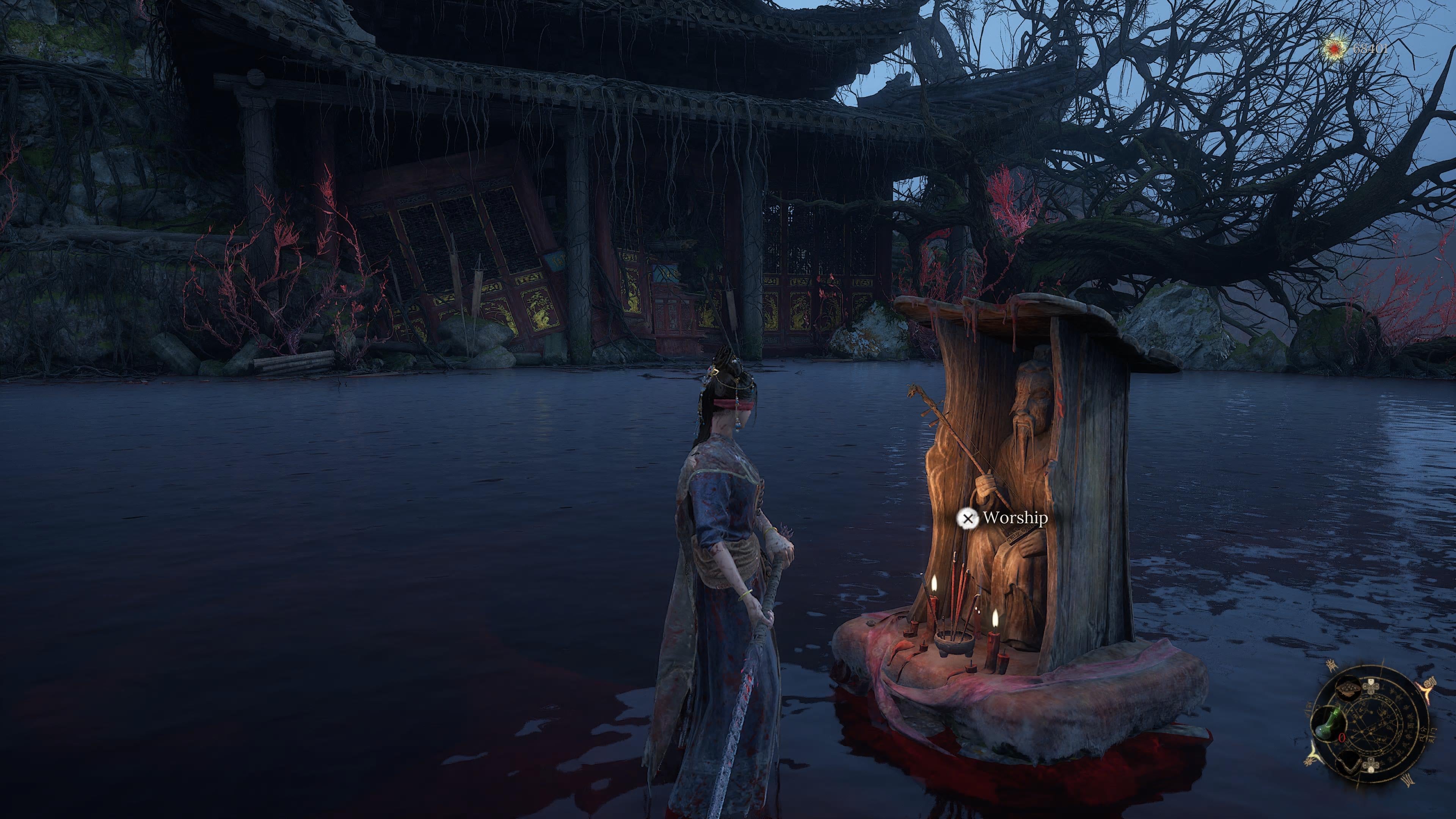 In a screenshot from Wuchang Fallen Feathers, Wuchang faces a shrine.