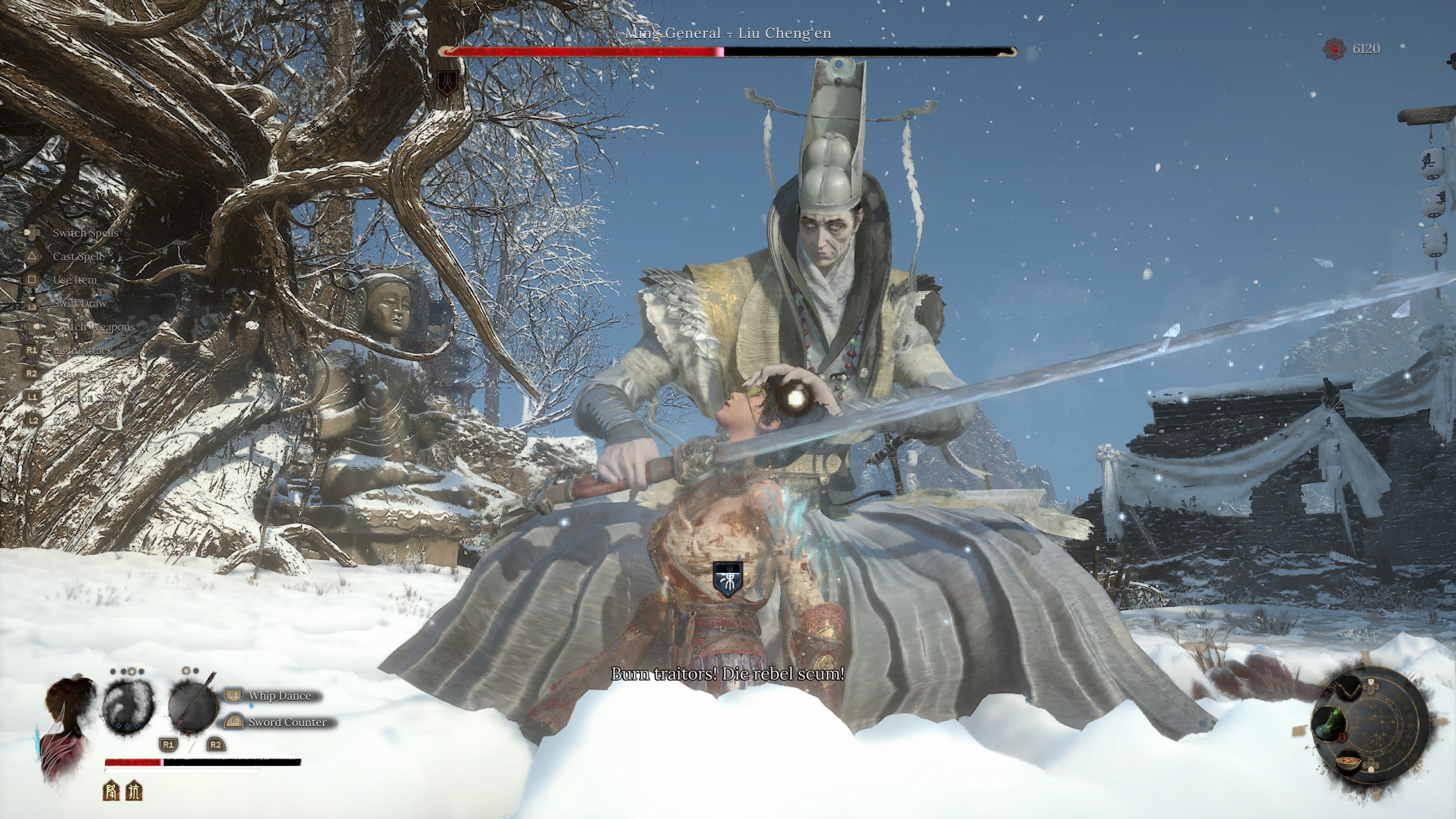 In a screenshot from Wuchang Fallen Feathers, an outsized man holds a blade to Wuchang&rsquo;s throat on a snowy battlefield.
