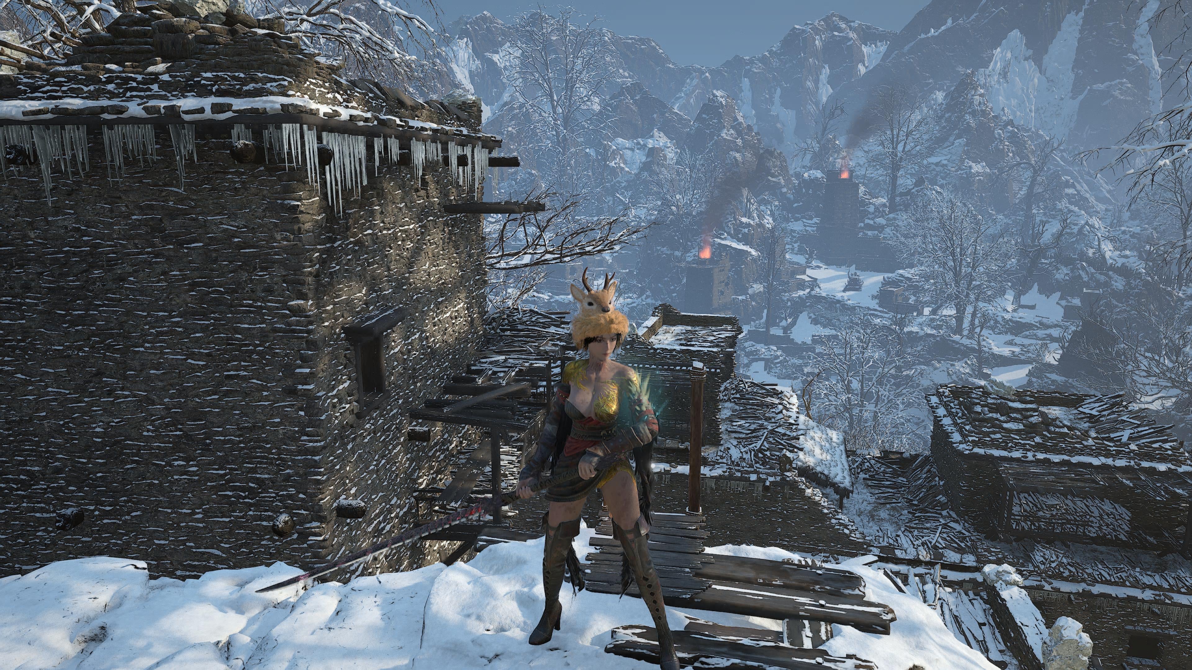 In a screenshot from Wuchang Fallen Feathers, a warrior with a fluffy dear hat looks over a snow-filled city.