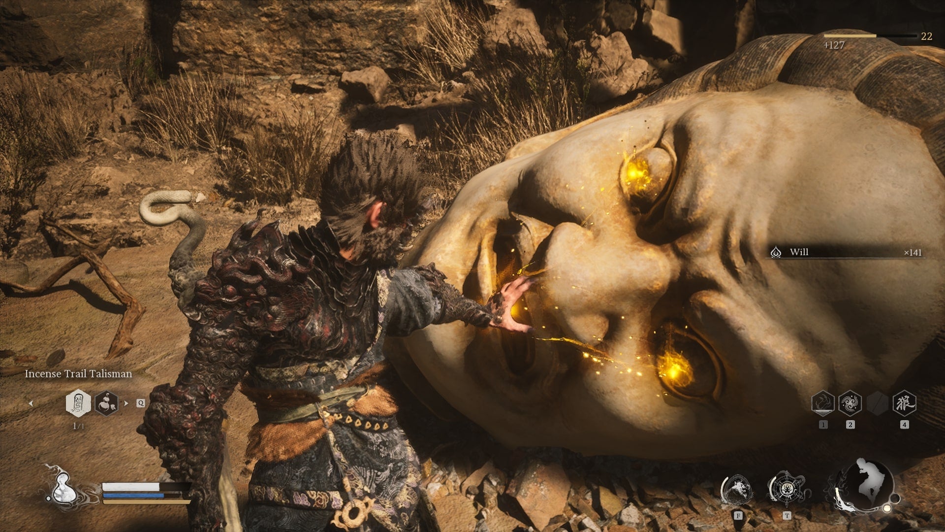 The player approaches a Buddha Head, where they can retrieve the Buddha&rsquo;s Eyeballs, in Black Myth Wukong