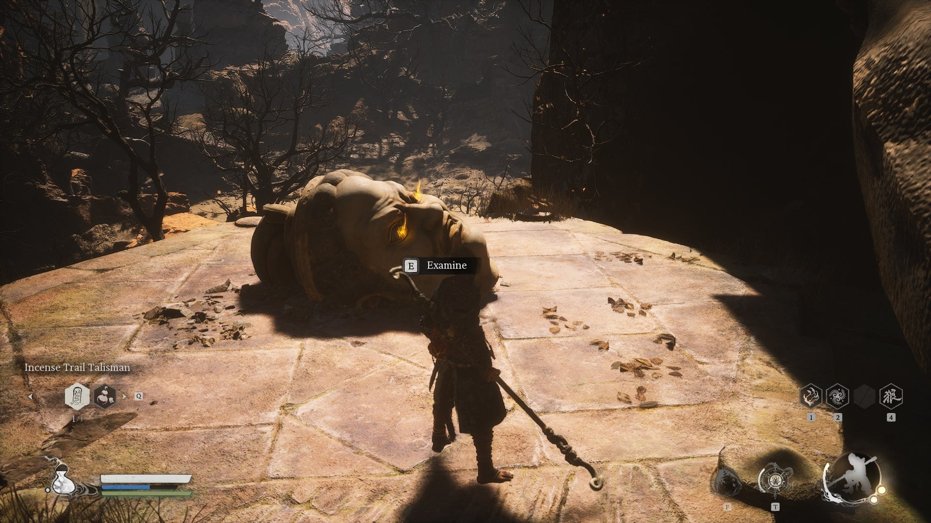 The player approaches a Buddha Head, where they can retrieve the Buddha&rsquo;s Eyeballs, in Black Myth Wukong