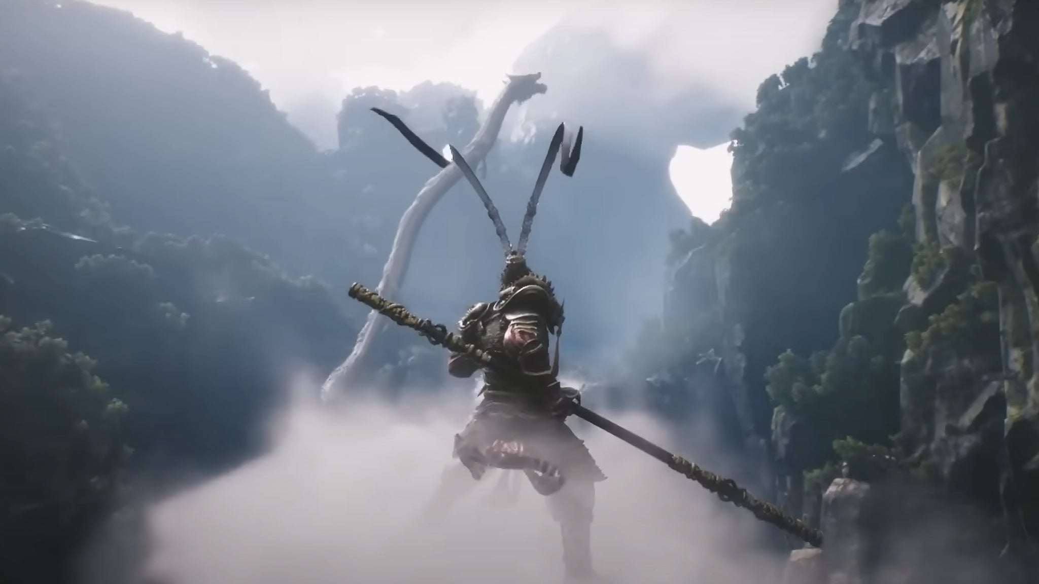 Wukong rides a cloud towards a dragon in the heavens in this screenshot from Black Myth: Wukong. - 9