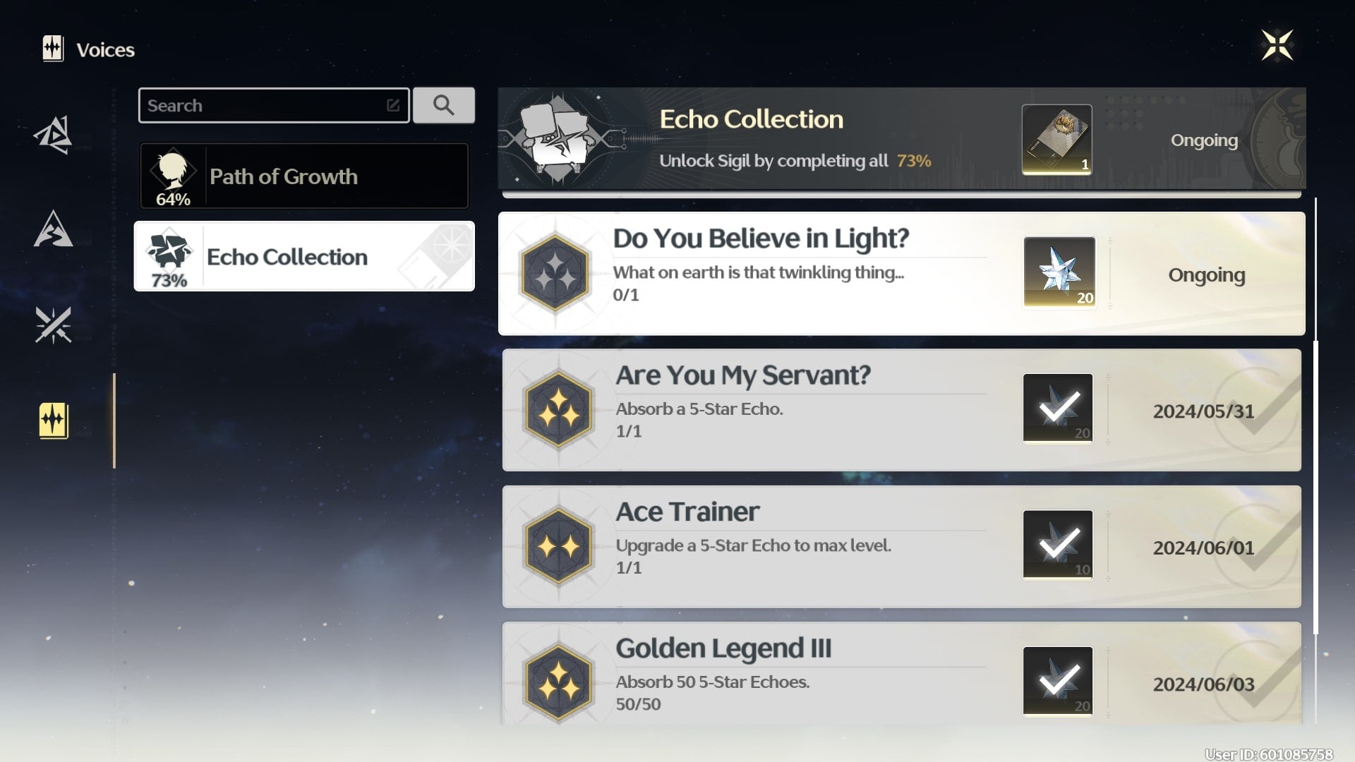 The Echo Collection tab of Wuthering Waves' Trophies is shown, with the only one left to complete being the 'Do You Believe in Light' achievement - 3