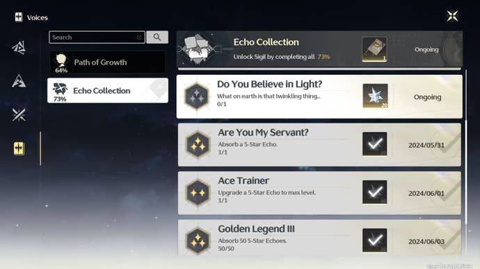 The Echo Collection tab of Wuthering Waves' Trophies is shown, with the only one left to complete being the ‘Do You Believe in Light’ achievement
