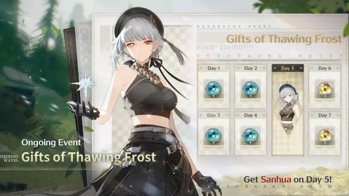 Gifts of Thawing Frost login rewards for Wuthering Waves, including Tides and 4-Star Sanhua character.
